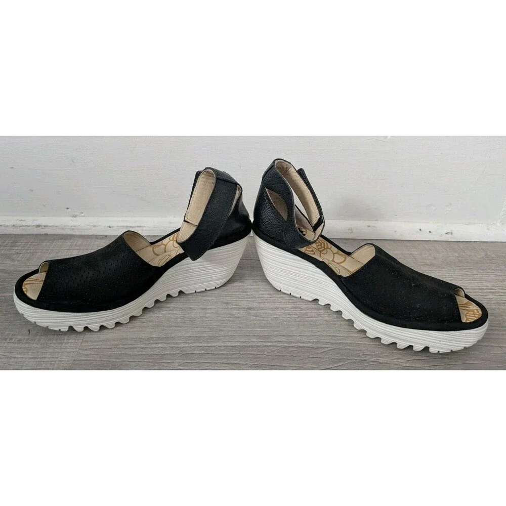 Fly London Yake Perforated Leather Wedge Sandals Black White Women's Sz 43 US 12